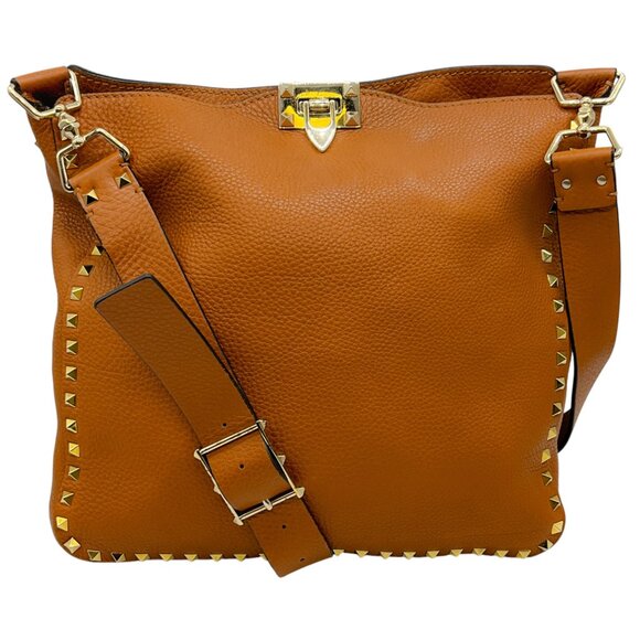 Valentino Camel Leather Rockstud Embellished Shoulder Bag - Picture 1 of 10